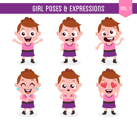 キャラクター デザインは さまざまなポーズでかわいい白人の女の子のセットです 漫画イラスト 白い背景で隔離 体の動き 顔の表情 ベクトルの図 8 の 3 を設定します のイラスト素材 ベクタ Image