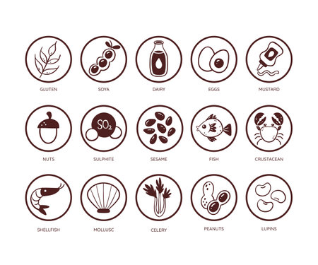 Jeu d'icônes d'allergènes alimentaires. icônes des principaux ingrédients qui doivent être déclarés comme allergènes. très utile pour les menus de restaurant et les repas. icônes vectorielles monochromes.