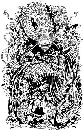 日本は 海や川で伝統的な神話神生き物はねドラゴンを水します 黒と白のタトゥー スタイル ベクトル図 のイラスト素材 ベクタ Image