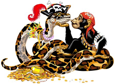 Cartoon chimpanzee and big snake pirates near the treasure. great ape or chimp monkey and python boa constrictor wearing golden crown and pearl necklace laying on pile of gold coins and jewelry. isolated vector illustration