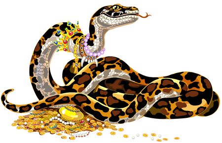 Cartoon big snake guarding the treasure. python boa constrictor wearing golden crown and pearl necklace laying on pile of gold coins and jewelry. isolated vector illustration