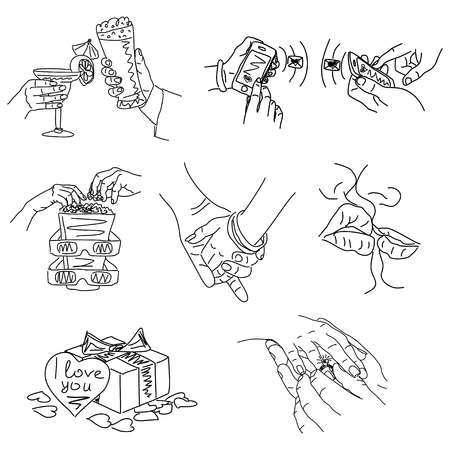 愛の物語 愛のベクトル イラストの設定 白地にかわいいロマンチックな単純な図面の黒ボールペン クリップアート のイラスト素材 ベクタ Image