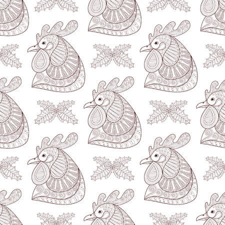 Chinese New Year 2017 Greeting Cards Posters Background Cartoon Rooster With Mistletoe Seamless Pattern Hand Drawn Sketch For Adult Coloring Pages
