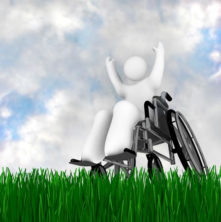 A person in a wheelchair enjoying the outdoors, on a green grass under a blue sky