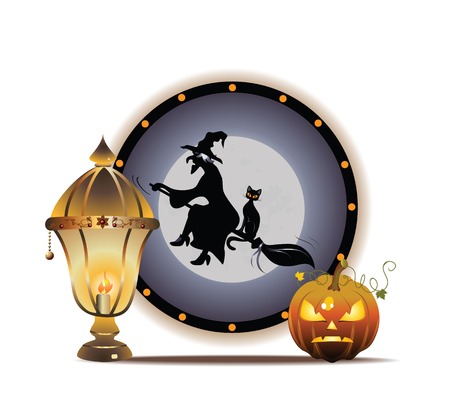Moonlight lanterns: Vector Halloween minh họa với bí đỏ và đèn lồng