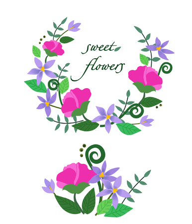 甘い紫とピンク花のベクトル イラスト タイの花輪と美しい花と白い背景の上の緑の葉から花束 のイラスト素材 ベクタ Image