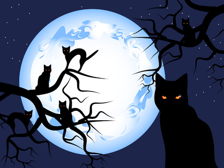 Halloween. mystical night. the mysterious moon in the sky. black cats sit on trees. Vector Illustration