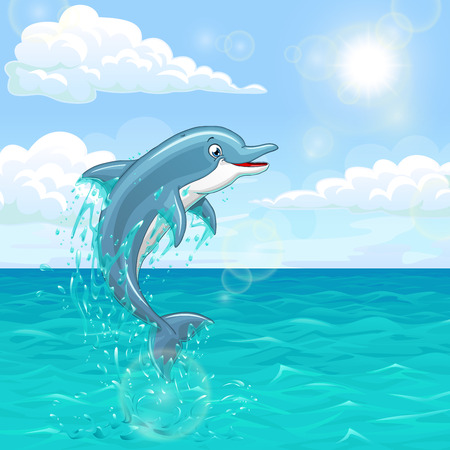美しいイルカが海の波から夕日ベクトルに飛びついた のイラスト素材 ベクタ Image