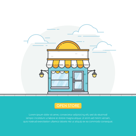 フラットなスタイルで店頭イラスト オンラインストアを開き フロントビルディング ベクトルコンセプトを格納します オンラインショップ 店舗バナーデザイン ベクトルイラスト のイラスト素材 ベクタ Image
