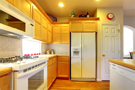White Kitchen Appliances With Wood Cabinets kitchen with yellow wood cabinets and white appliances and White Kitchen Appliances With Wood Cabinets kitchen with yellow wood cabinets and white appliances and