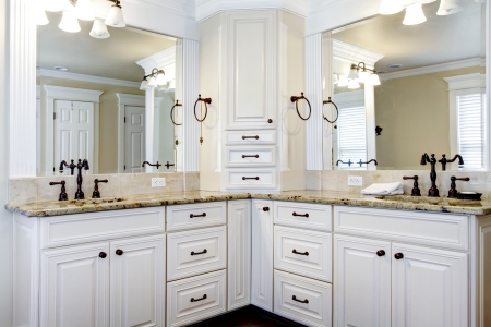 luxury large white master bathroom cabinets with double sinks stock