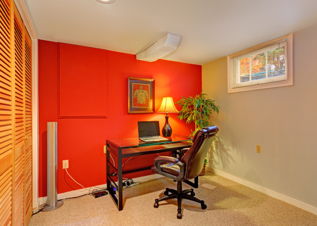 Small Office Room With Contrast Red Wall, Beige Carpet Floor.. Stock ... Small Office Room With Contrast Red Wall, Beige Carpet Floor.. Stock ...