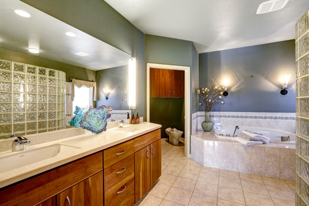 vetrocemento ampio bagno con pareti verde scuro e beige pavimento di piastrelle armadietto di
