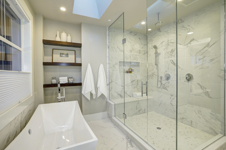 Amazing White And Gray Marble Master Bathroom With Large Glass ... Amazing White And Gray Marble Master Bathroom With Large Glass ...