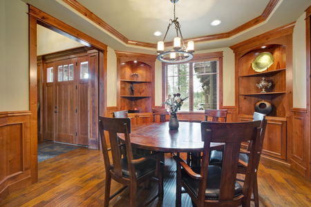 Elegant Dining Room With Built In Shelves Round Table Leather Chairs Elegant Dining Room With Built In Shelves Round Table Leather Chairs