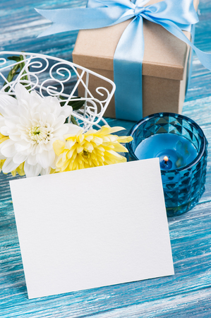 blank card for text white and yellow chrysanthemum in a pot
