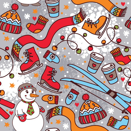 雪だるまやスキーでかわいい冬のシームレスなパターン ベクトルイラストのイラスト素材 ベクタ Image 4239