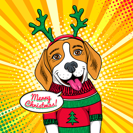 うわーポップアート犬の顔 サンタクロースの帽子に面白い驚いた犬 は 開いた口と足とスピーチバブルでギフトボックスを保持しています レトロなコミックスタイルでベクトルクリスマスイラスト 新年会のポスター のイラスト素材 ベクタ Image
