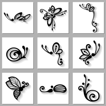 Vector Set of Stylized Ornamental Insects with Long Shadow, Patterned design