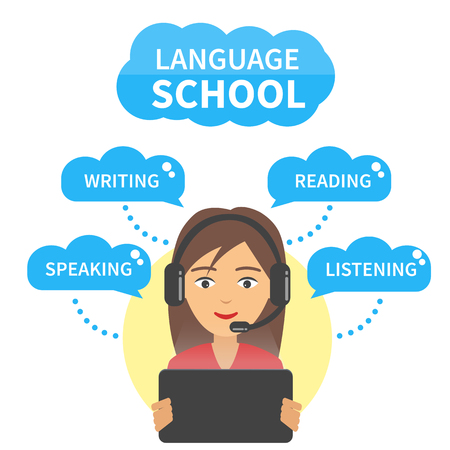 Vector Language school concept illustration. Girl in headphones with microphone look at tablet and study language speaking, writing, reading and listening.