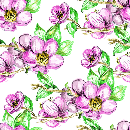 Peach flower: Vector seamless bright cherry blossom pattern, floral sakura spring branch ornament, fashion print for fabric, small pink watercolor pencil drawing flowers Hình minh hoạ