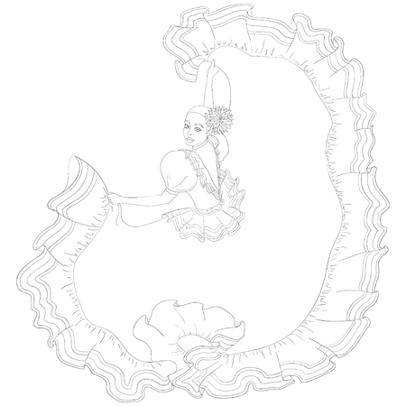 メキシコの明るい赤の伝統的な衣装で女の子の踊り シンコ デ マヨ 休日 手のベクトル イラストは白の背景に黒のアウトラインを描画します の イラスト素材 ベクタ Image