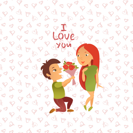 ベクトルの図 バレンタインの日の休日のグリーティング カード 夢中になるペアのイメージとポストカード 女の子を愛する男が告白します 漫画のキャラクター のイラスト素材 ベクタ Image 70048345