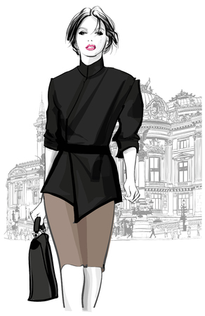 Business woman walking in front of opera, paris - vector illustration