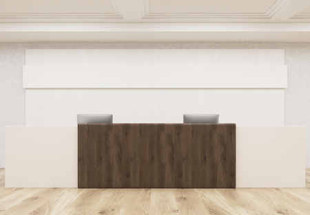 Front View Of Interior With Wooden Office Reception Desk Parquet Flooring Concrete Walls And Front View Of Interior With Wooden Office Reception Desk Parquet Flooring Concrete Walls And