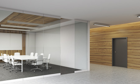 Conference Room Interior In Modern Office. Glass And Wooden Wall ... Conference Room Interior In Modern Office. Glass And Wooden Wall ...
