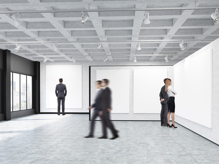 Front View Of People Enjoying Three Vertical Posters Hanging On An Art Gallery Walls Concept Front View Of People Enjoying Three Vertical Posters Hanging On An Art Gallery Walls Concept