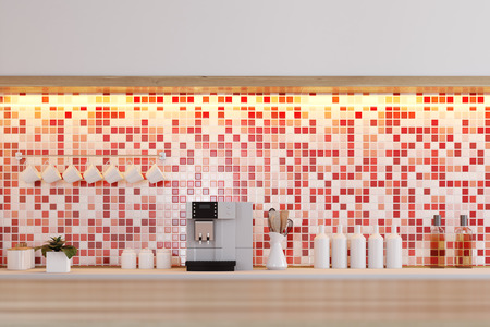 Red Tile Kitchen Countertop With Wine Bottles A Coffee Machine
