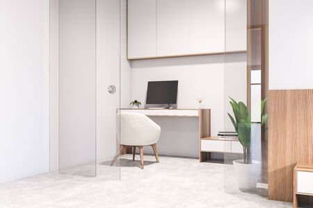 Corner Of Stylish Home Office With White And Wooden Walls Wooden Walls White