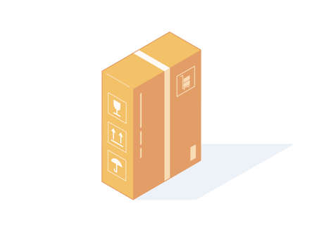Close isometric cardboard box for delivery or storage brown carton post and warehouse package with labels and adhesive tape in isolated vector illustration parcel in craft cardboard or paper box