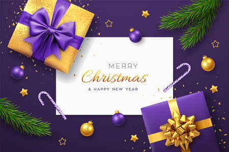 Christmas Purple Background With Square Paper Banner, Realistic Gift Boxes With Purple And Golden Bows, Pine Branches, Gold Stars And Confetti, Balls Bauble. Xmas Background, Greeting Cards. Vector