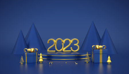 Happy new 2023 year. 3d golden metallic numbers 2023 on blue stage podium. scene, round platform with gift boxes and golden metallic pine, spruce trees on blue background. vector illustration Imagens
