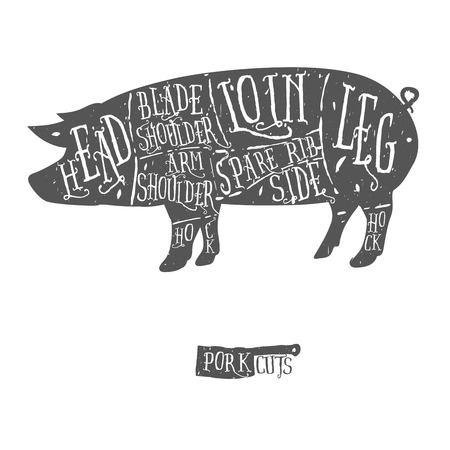 grilled pork: cắt giảm American thịt lợn, vintage typographic thịt vẽ tay cắt giảm chương trình