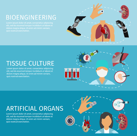 Three horizontal biotechnology banner set with descriptions of bioengineering tissue culture and artificial organs vector illustration