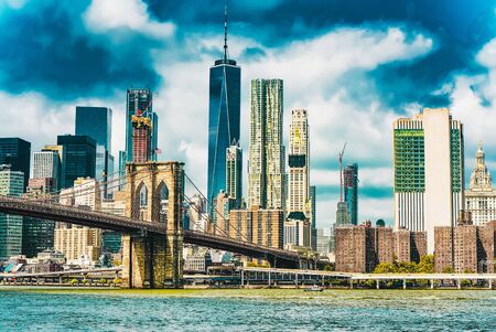 Suspension brooklyn bridge across the east river between the lower manhattan and brooklyn new york usa