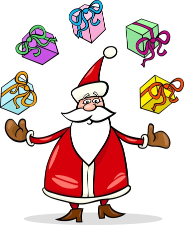面白いサンタ クロースの漫画イラストやパパ Noel のクリスマス プレゼントや贈り物をジャグリング のイラスト素材 ベクタ Image