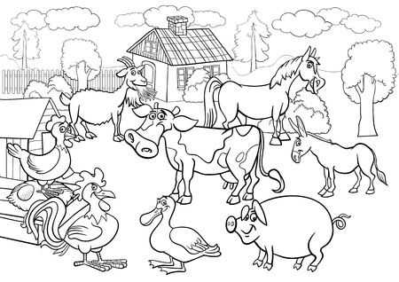 Black and White Cartoon Illustration of Rural Scene with Farm Animals Livestock Big Group for Coloring Book
