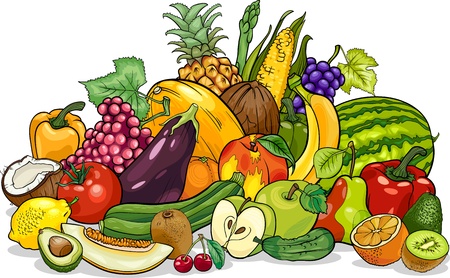 Cartoon Illustration of Fruits and Vegetables Big Group Food Design - 20172009