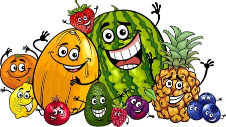 Cartoon illustration of funny fruits food characters big group