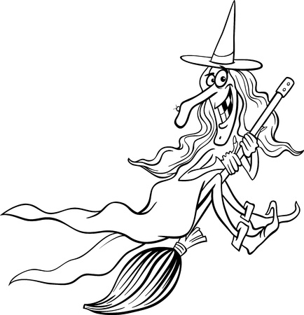 illustration de dessin anime noir et blanc la fantaisie ou sorciere drole battant sur un balai pour les enfants a colorier clip art libres droits vecteurs coloriage cola