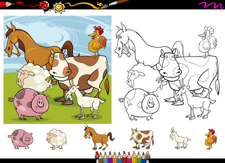 Cartoon Illustrations of Funny Farm Animals Characters Group for Coloring Book with Elements Set
