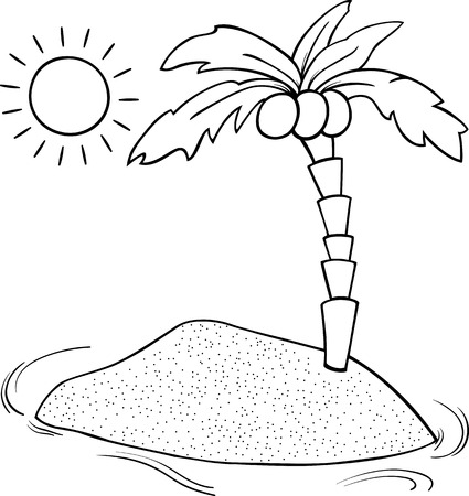 Black And White Cartoon Illustration Of Desert Island With Coconut Palm For Coloring Book