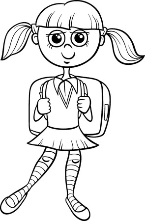 小学校学生女の子塗り絵のランドセルとの黒と白の漫画イラスト のイラスト素材 ベクタ Image