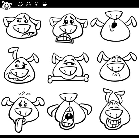 感情や絵文字を表現する面白い犬の黒と白の漫画イラスト塗り絵セット のイラスト素材 ベクタ Image