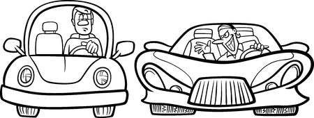 Black And White Cartoon Illustration Of Man In Old Car Another Sports One For