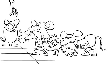 Black And White Cartoon Humor Concept Illustration Of Rat Race Saying Or Proverb For Coloring Book